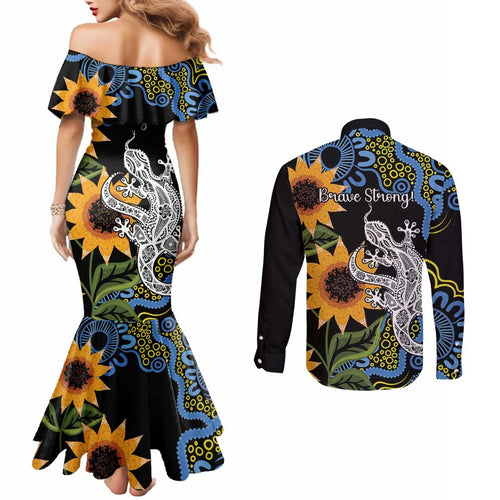 Australia Autism Awareness Couples Matching Mermaid Dress and Long Sleeve Button Shirt Brave Strong Aussie Lizard Aboriginal Art
