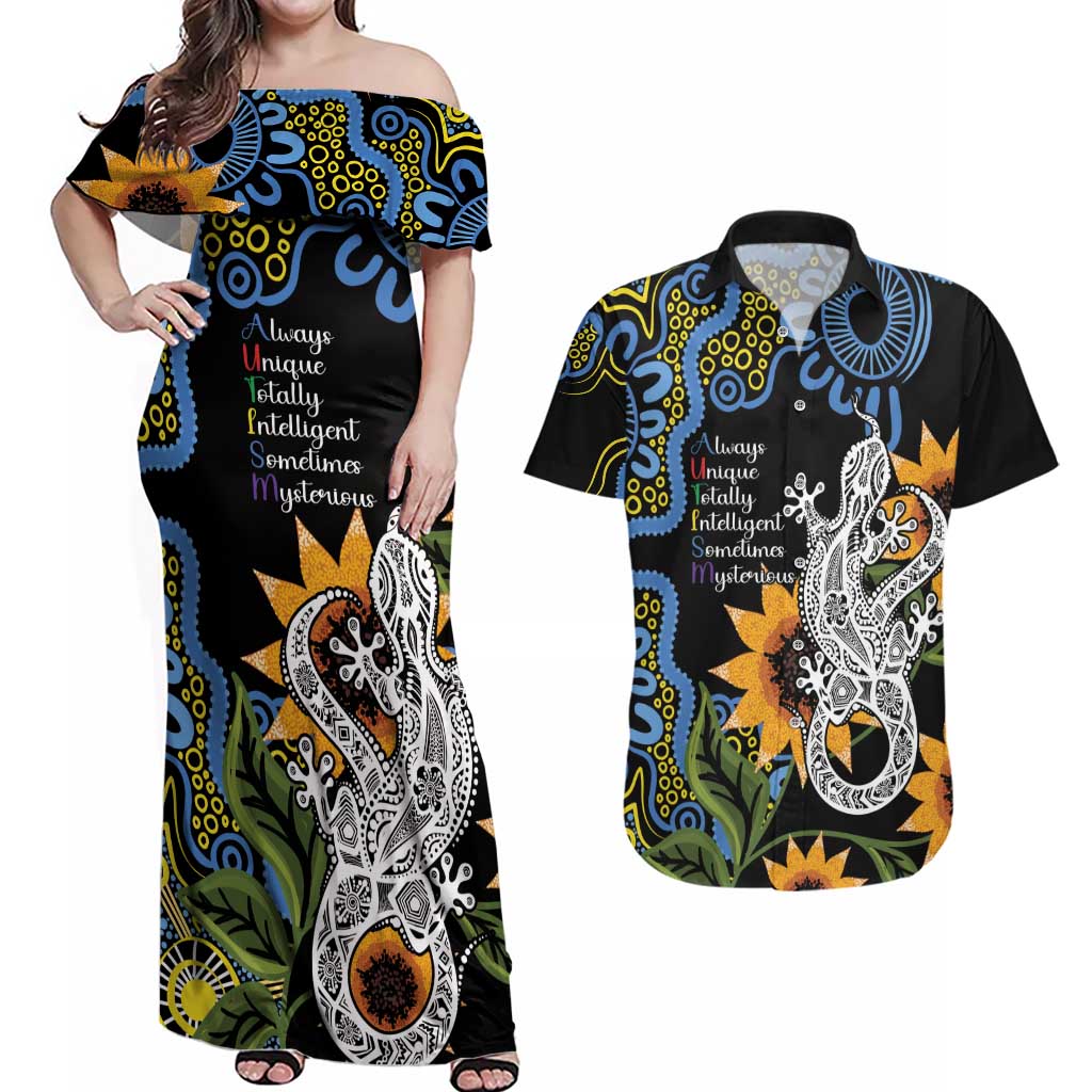 Australia Autism Awareness Couples Matching Off Shoulder Maxi Dress and Hawaiian Shirt Brave Strong Aussie Lizard Aboriginal Art