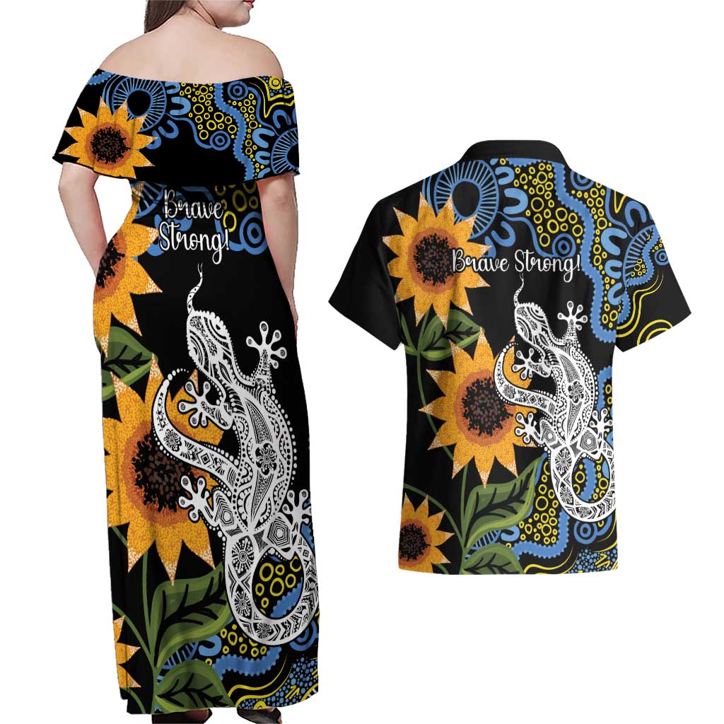 Australia Autism Awareness Couples Matching Off Shoulder Maxi Dress and Hawaiian Shirt Brave Strong Aussie Lizard Aboriginal Art