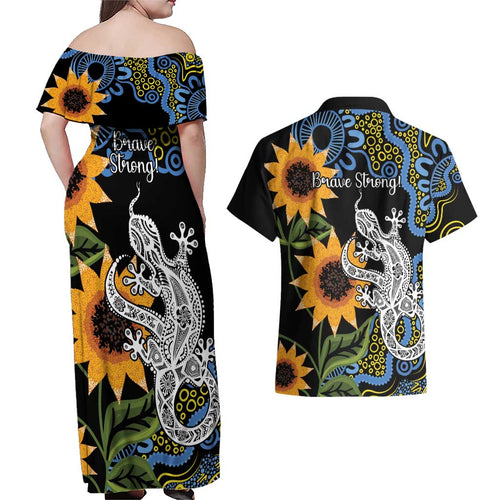 Australia Autism Awareness Couples Matching Off Shoulder Maxi Dress and Hawaiian Shirt Brave Strong Aussie Lizard Aboriginal Art