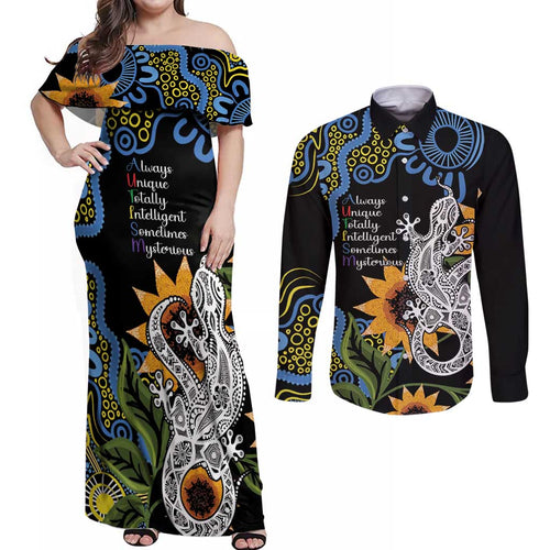 Australia Autism Awareness Couples Matching Off Shoulder Maxi Dress and Long Sleeve Button Shirt Brave Strong Aussie Lizard Aboriginal Art