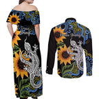 Australia Autism Awareness Couples Matching Off Shoulder Maxi Dress and Long Sleeve Button Shirt Brave Strong Aussie Lizard Aboriginal Art