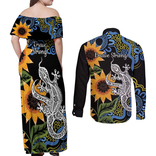 Australia Autism Awareness Couples Matching Off Shoulder Maxi Dress and Long Sleeve Button Shirt Brave Strong Aussie Lizard Aboriginal Art