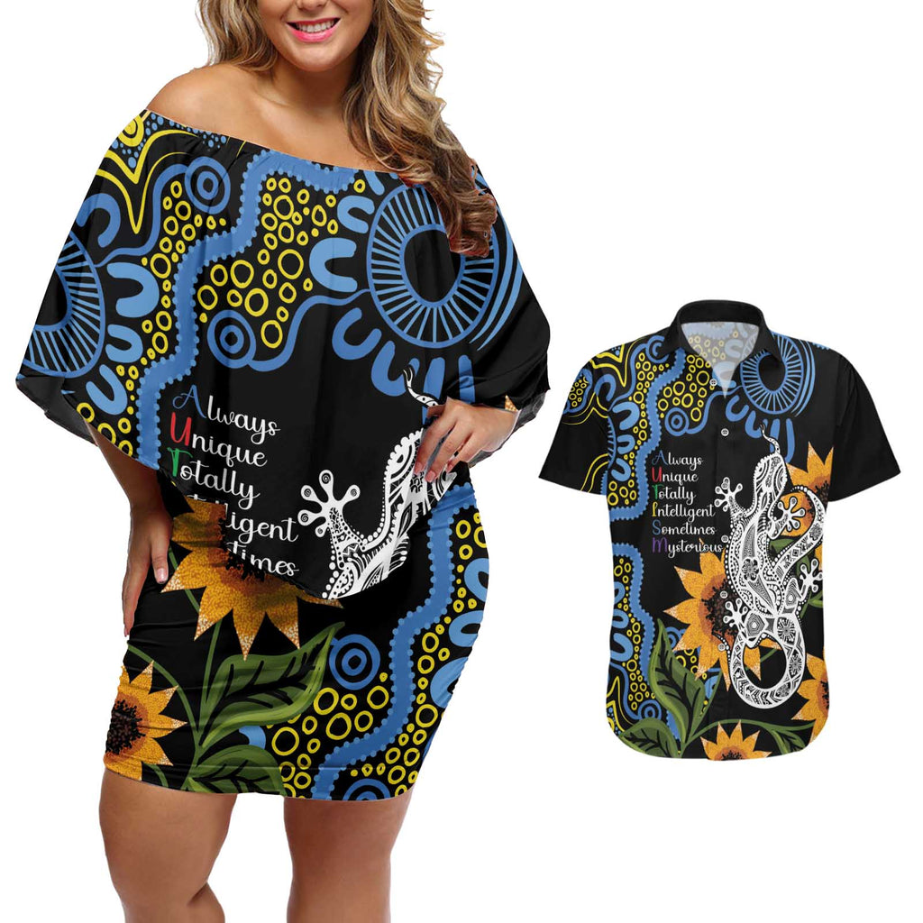 Australia Autism Awareness Couples Matching Off Shoulder Short Dress and Hawaiian Shirt Brave Strong Aussie Lizard Aboriginal Art