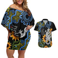 Australia Autism Awareness Couples Matching Off Shoulder Short Dress and Hawaiian Shirt Brave Strong Aussie Lizard Aboriginal Art