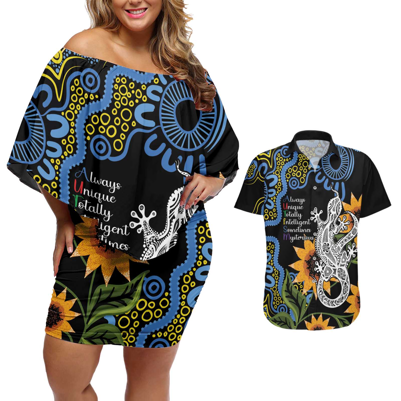 Australia Autism Awareness Couples Matching Off Shoulder Short Dress and Hawaiian Shirt Brave Strong Aussie Lizard Aboriginal Art