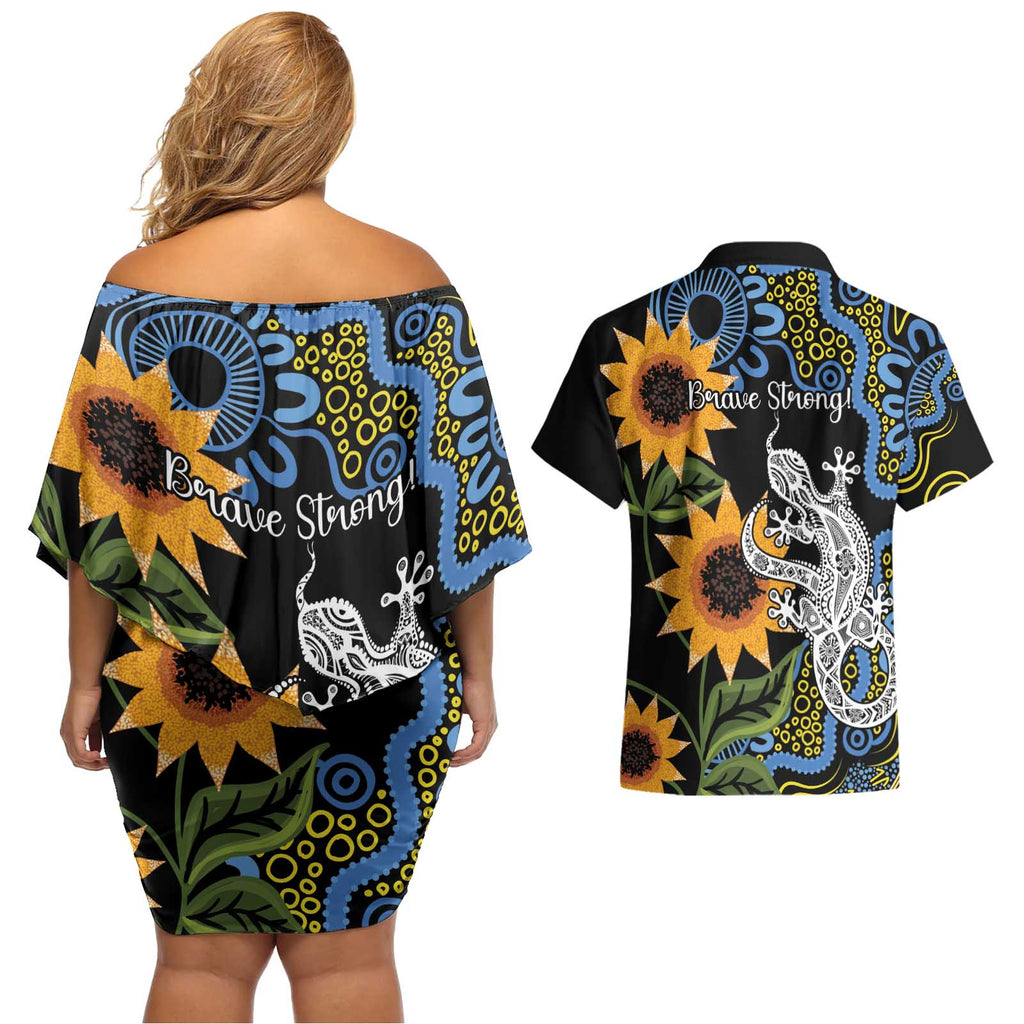 Australia Autism Awareness Couples Matching Off Shoulder Short Dress and Hawaiian Shirt Brave Strong Aussie Lizard Aboriginal Art