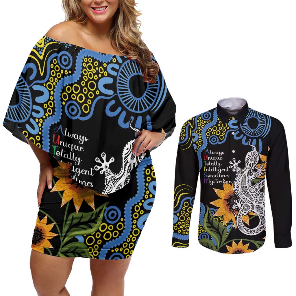 Australia Autism Awareness Couples Matching Off Shoulder Short Dress and Long Sleeve Button Shirt Brave Strong Aussie Lizard Aboriginal Art