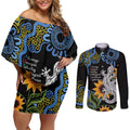 Australia Autism Awareness Couples Matching Off Shoulder Short Dress and Long Sleeve Button Shirt Brave Strong Aussie Lizard Aboriginal Art
