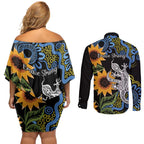 Australia Autism Awareness Couples Matching Off Shoulder Short Dress and Long Sleeve Button Shirt Brave Strong Aussie Lizard Aboriginal Art