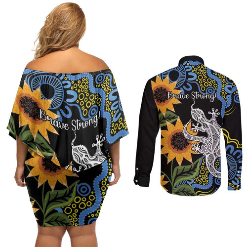 Australia Autism Awareness Couples Matching Off Shoulder Short Dress and Long Sleeve Button Shirt Brave Strong Aussie Lizard Aboriginal Art