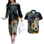 Australia Autism Awareness Couples Matching Off The Shoulder Long Sleeve Dress and Hawaiian Shirt Brave Strong Aussie Lizard Aboriginal Art