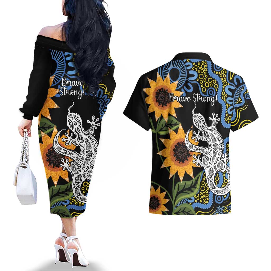 Australia Autism Awareness Couples Matching Off The Shoulder Long Sleeve Dress and Hawaiian Shirt Brave Strong Aussie Lizard Aboriginal Art