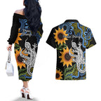 Australia Autism Awareness Couples Matching Off The Shoulder Long Sleeve Dress and Hawaiian Shirt Brave Strong Aussie Lizard Aboriginal Art