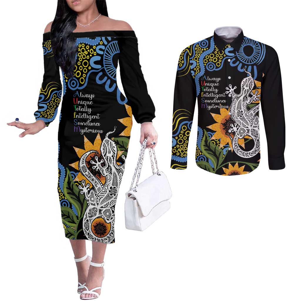 Australia Autism Awareness Couples Matching Off The Shoulder Long Sleeve Dress and Long Sleeve Button Shirt Brave Strong Aussie Lizard Aboriginal Art