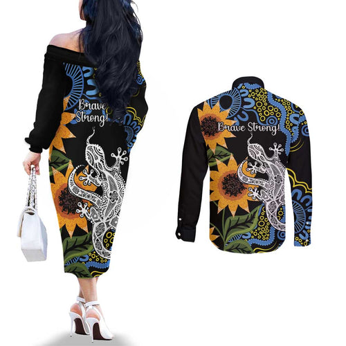 Australia Autism Awareness Couples Matching Off The Shoulder Long Sleeve Dress and Long Sleeve Button Shirt Brave Strong Aussie Lizard Aboriginal Art