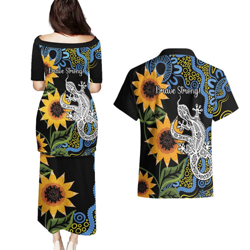 Australia Autism Awareness Couples Matching Puletasi and Hawaiian Shirt Brave Strong Aussie Lizard Aboriginal Art