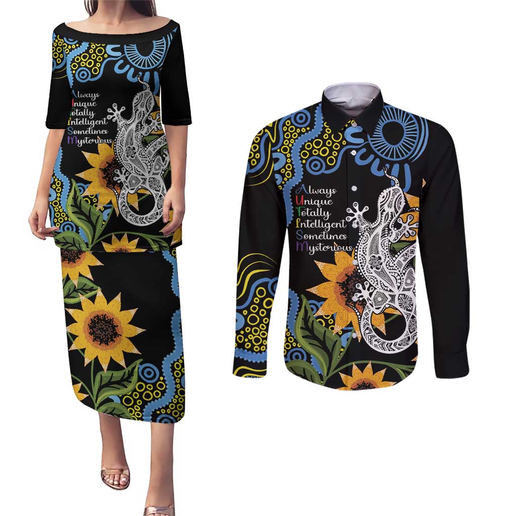 Australia Autism Awareness Couples Matching Puletasi and Long Sleeve Button Shirt Brave Strong Aussie Lizard Aboriginal Art