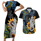 Australia Autism Awareness Couples Matching Short Sleeve Bodycon Dress and Hawaiian Shirt Brave Strong Aussie Lizard Aboriginal Art