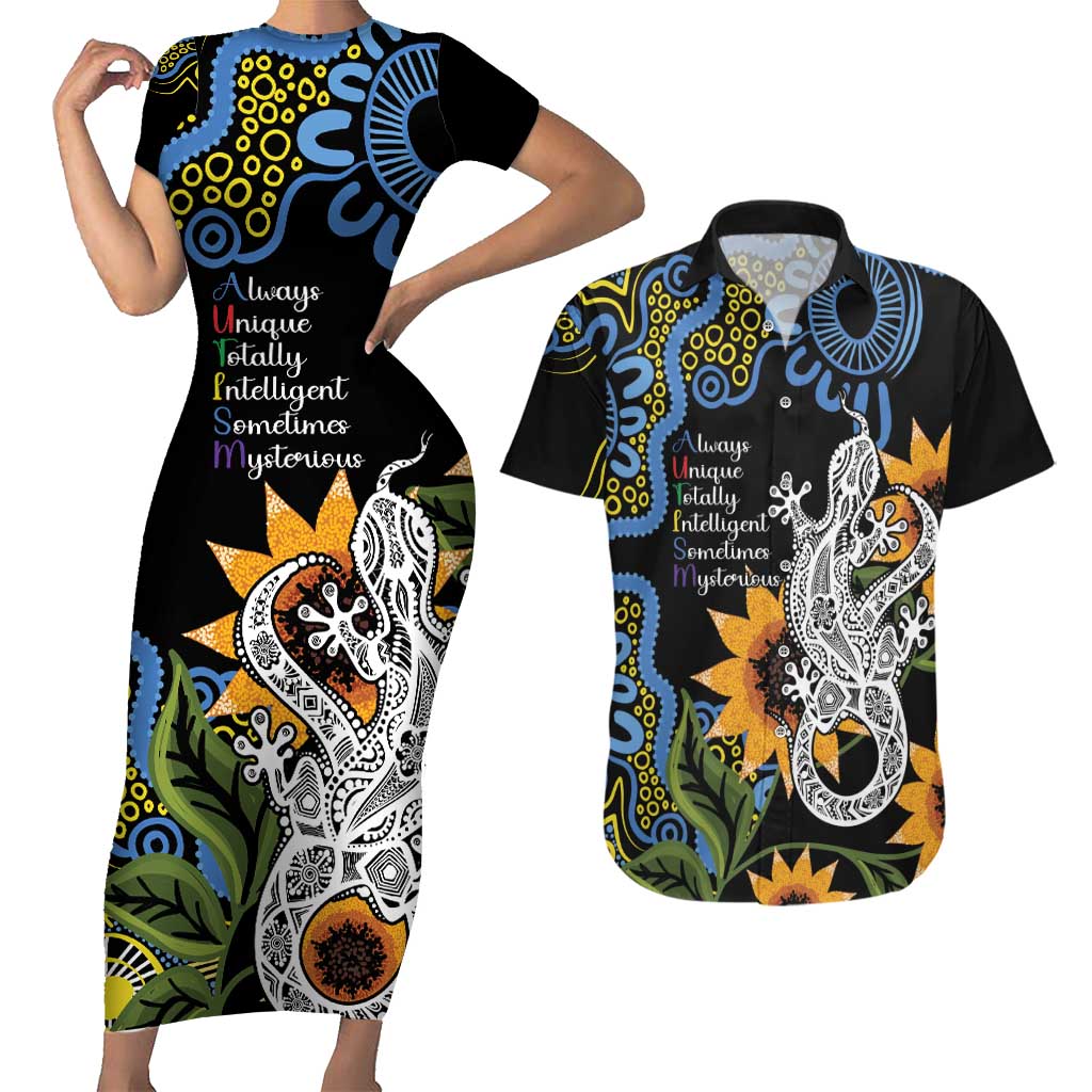 Australia Autism Awareness Couples Matching Short Sleeve Bodycon Dress and Hawaiian Shirt Brave Strong Aussie Lizard Aboriginal Art
