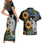 Australia Autism Awareness Couples Matching Short Sleeve Bodycon Dress and Hawaiian Shirt Brave Strong Aussie Lizard Aboriginal Art