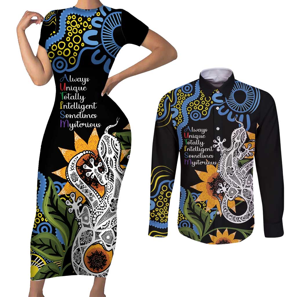 Australia Autism Awareness Couples Matching Short Sleeve Bodycon Dress and Long Sleeve Button Shirt Brave Strong Aussie Lizard Aboriginal Art