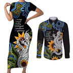 Australia Autism Awareness Couples Matching Short Sleeve Bodycon Dress and Long Sleeve Button Shirt Brave Strong Aussie Lizard Aboriginal Art