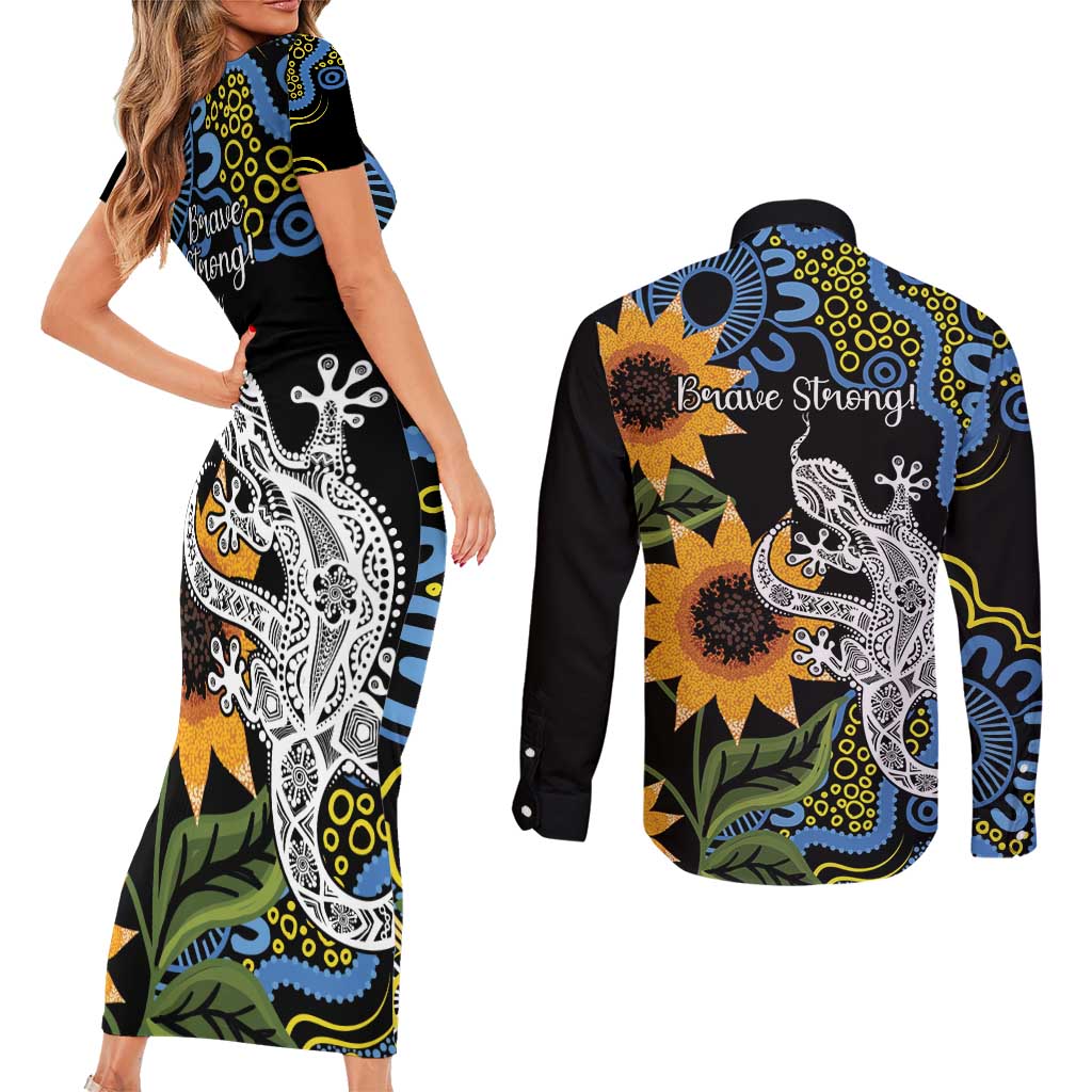 Australia Autism Awareness Couples Matching Short Sleeve Bodycon Dress and Long Sleeve Button Shirt Brave Strong Aussie Lizard Aboriginal Art