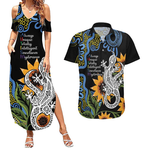 Australia Autism Awareness Couples Matching Summer Maxi Dress and Hawaiian Shirt Brave Strong Aussie Lizard Aboriginal Art