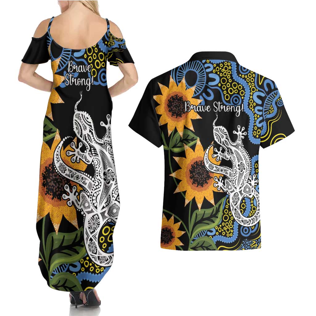Australia Autism Awareness Couples Matching Summer Maxi Dress and Hawaiian Shirt Brave Strong Aussie Lizard Aboriginal Art