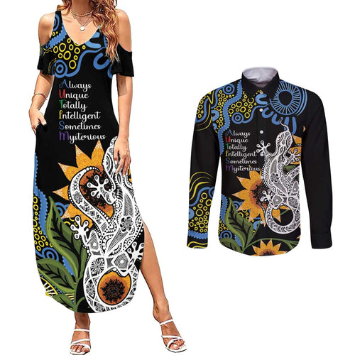 Australia Autism Awareness Couples Matching Summer Maxi Dress and Long Sleeve Button Shirt Brave Strong Aussie Lizard Aboriginal Art