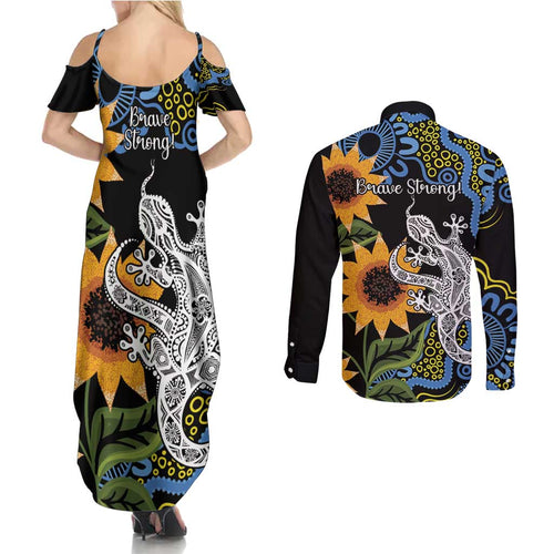 Australia Autism Awareness Couples Matching Summer Maxi Dress and Long Sleeve Button Shirt Brave Strong Aussie Lizard Aboriginal Art
