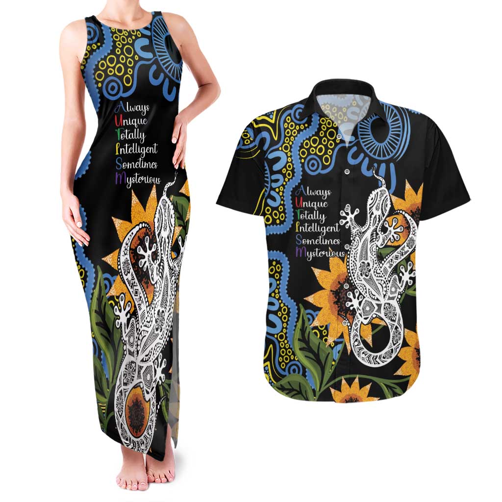 Australia Autism Awareness Couples Matching Tank Maxi Dress and Hawaiian Shirt Brave Strong Aussie Lizard Aboriginal Art