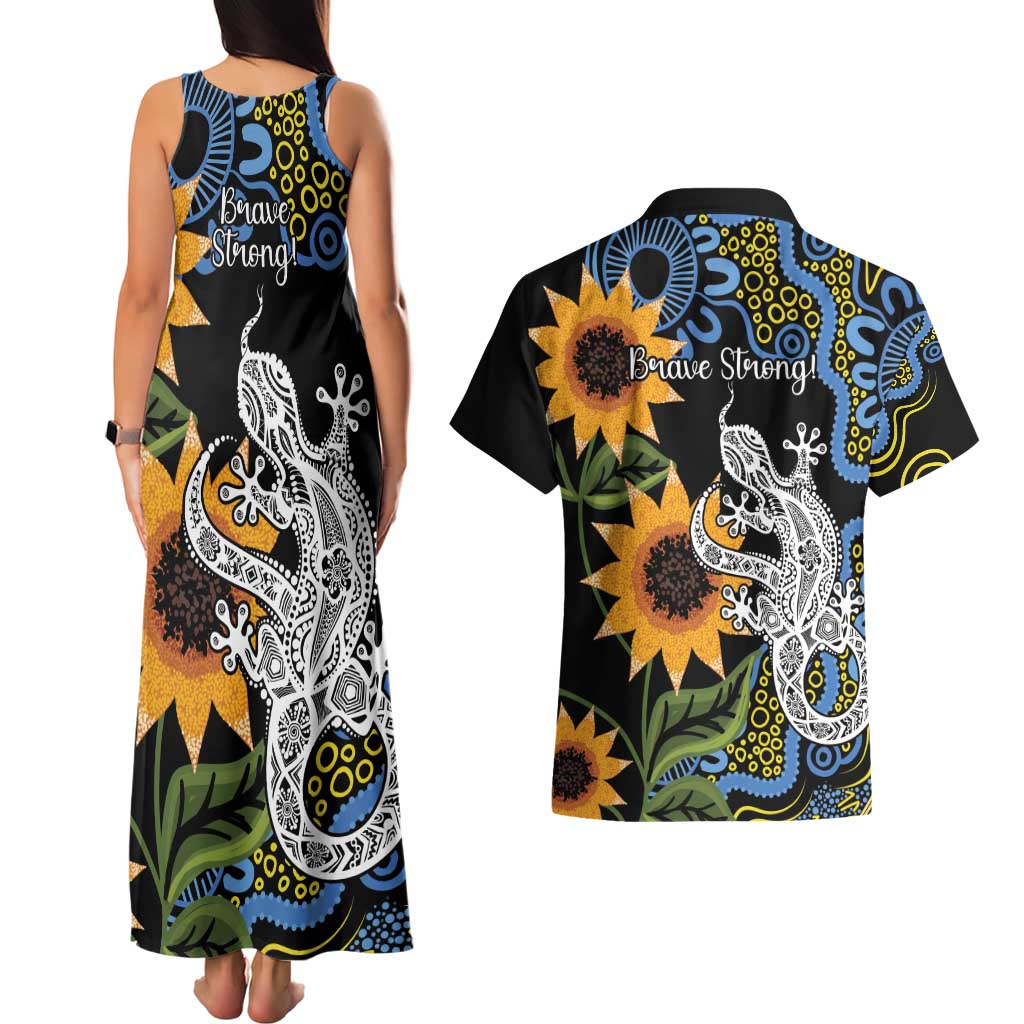 Australia Autism Awareness Couples Matching Tank Maxi Dress and Hawaiian Shirt Brave Strong Aussie Lizard Aboriginal Art