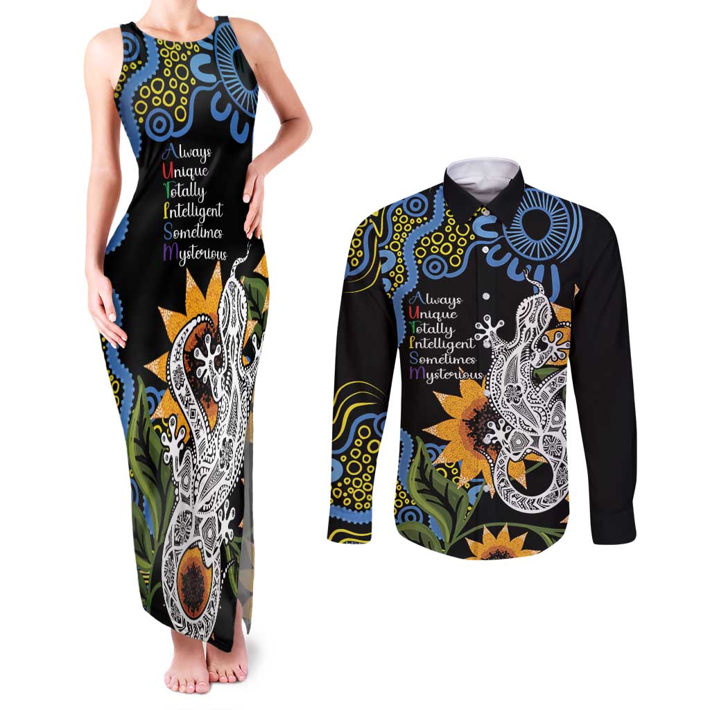 Australia Autism Awareness Couples Matching Tank Maxi Dress and Long Sleeve Button Shirt Brave Strong Aussie Lizard Aboriginal Art