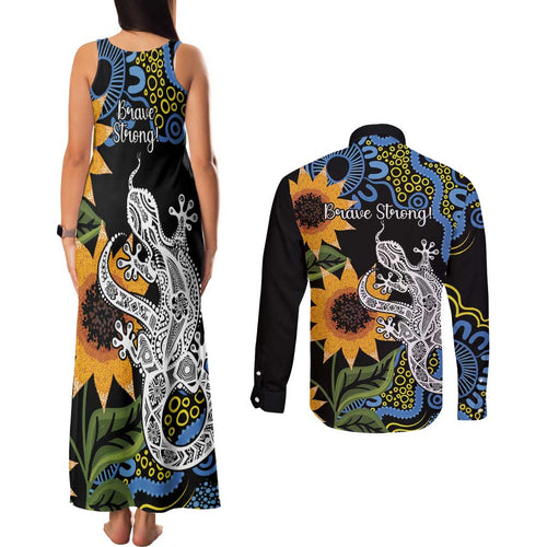 Australia Autism Awareness Couples Matching Tank Maxi Dress and Long Sleeve Button Shirt Brave Strong Aussie Lizard Aboriginal Art