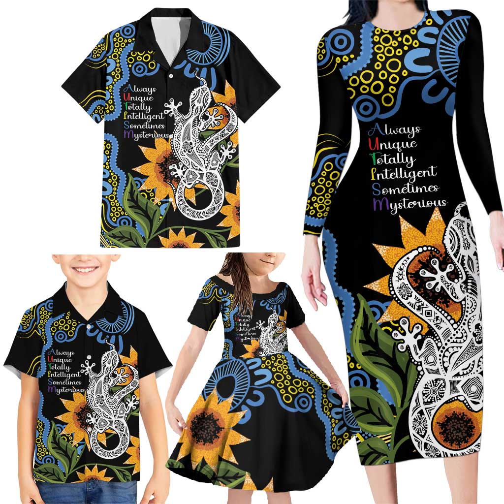 Australia Autism Awareness Family Matching Long Sleeve Bodycon Dress and Hawaiian Shirt Brave Strong Aussie Lizard Aboriginal Art