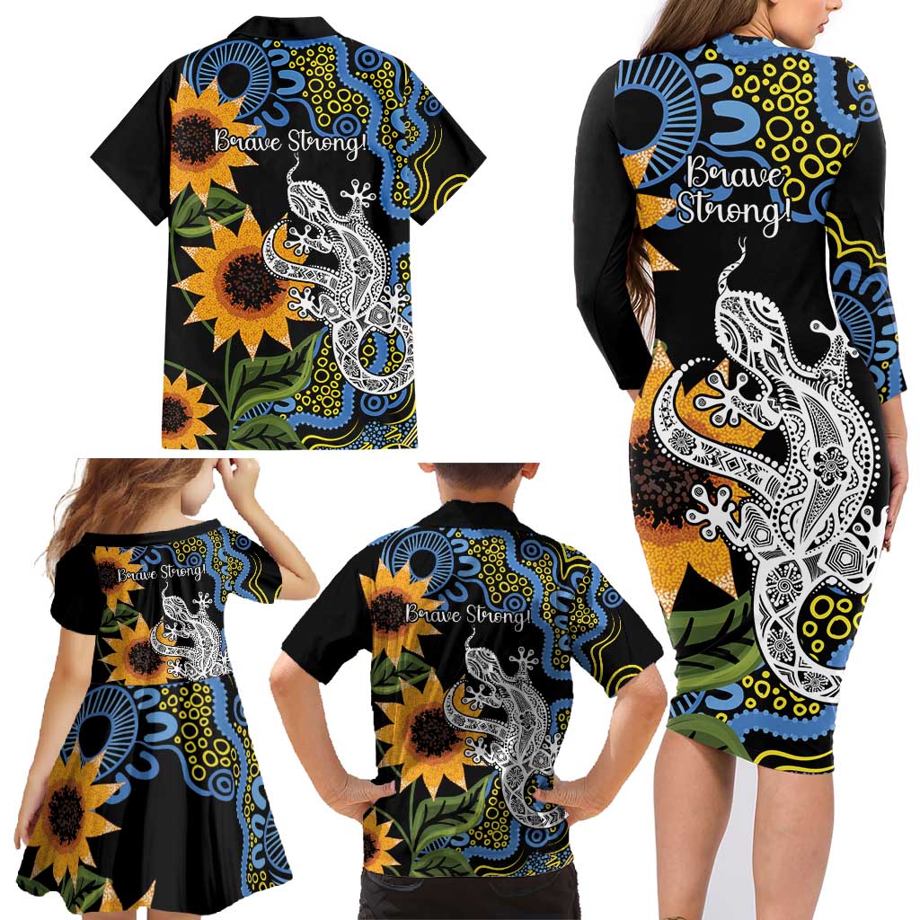 Australia Autism Awareness Family Matching Long Sleeve Bodycon Dress and Hawaiian Shirt Brave Strong Aussie Lizard Aboriginal Art