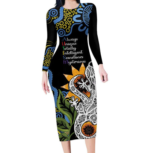 Australia Autism Awareness Family Matching Long Sleeve Bodycon Dress and Hawaiian Shirt Brave Strong Aussie Lizard Aboriginal Art