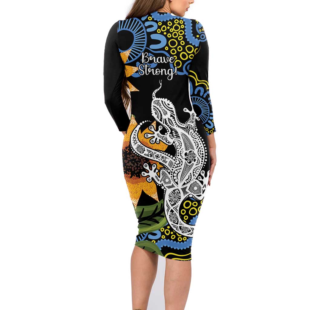 Australia Autism Awareness Family Matching Long Sleeve Bodycon Dress and Hawaiian Shirt Brave Strong Aussie Lizard Aboriginal Art