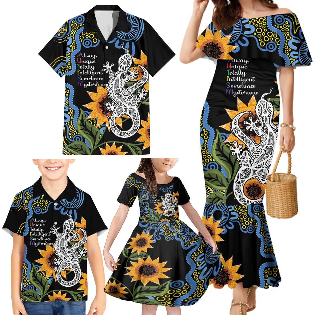 Australia Autism Awareness Family Matching Mermaid Dress and Hawaiian Shirt Brave Strong Aussie Lizard Aboriginal Art