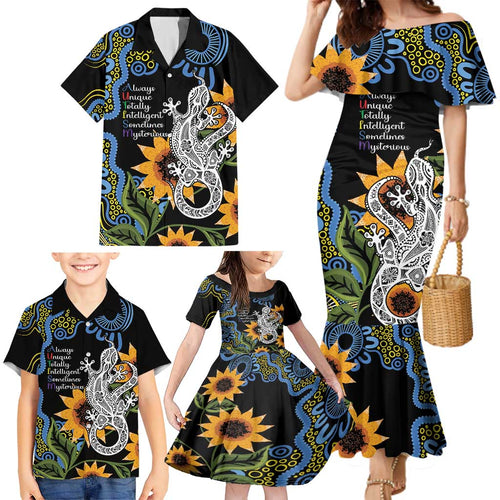 Australia Autism Awareness Family Matching Mermaid Dress and Hawaiian Shirt Brave Strong Aussie Lizard Aboriginal Art