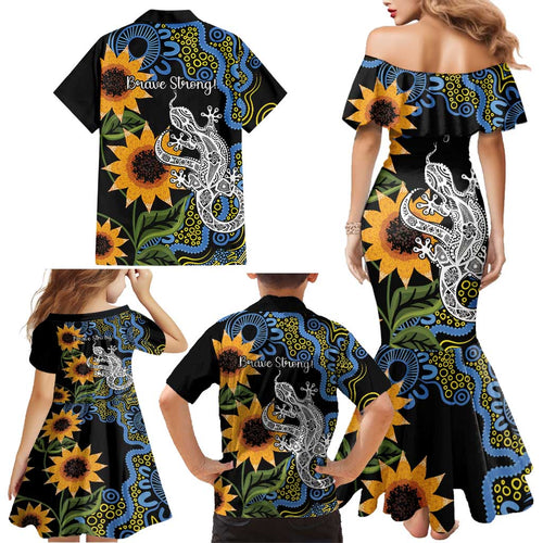 Australia Autism Awareness Family Matching Mermaid Dress and Hawaiian Shirt Brave Strong Aussie Lizard Aboriginal Art