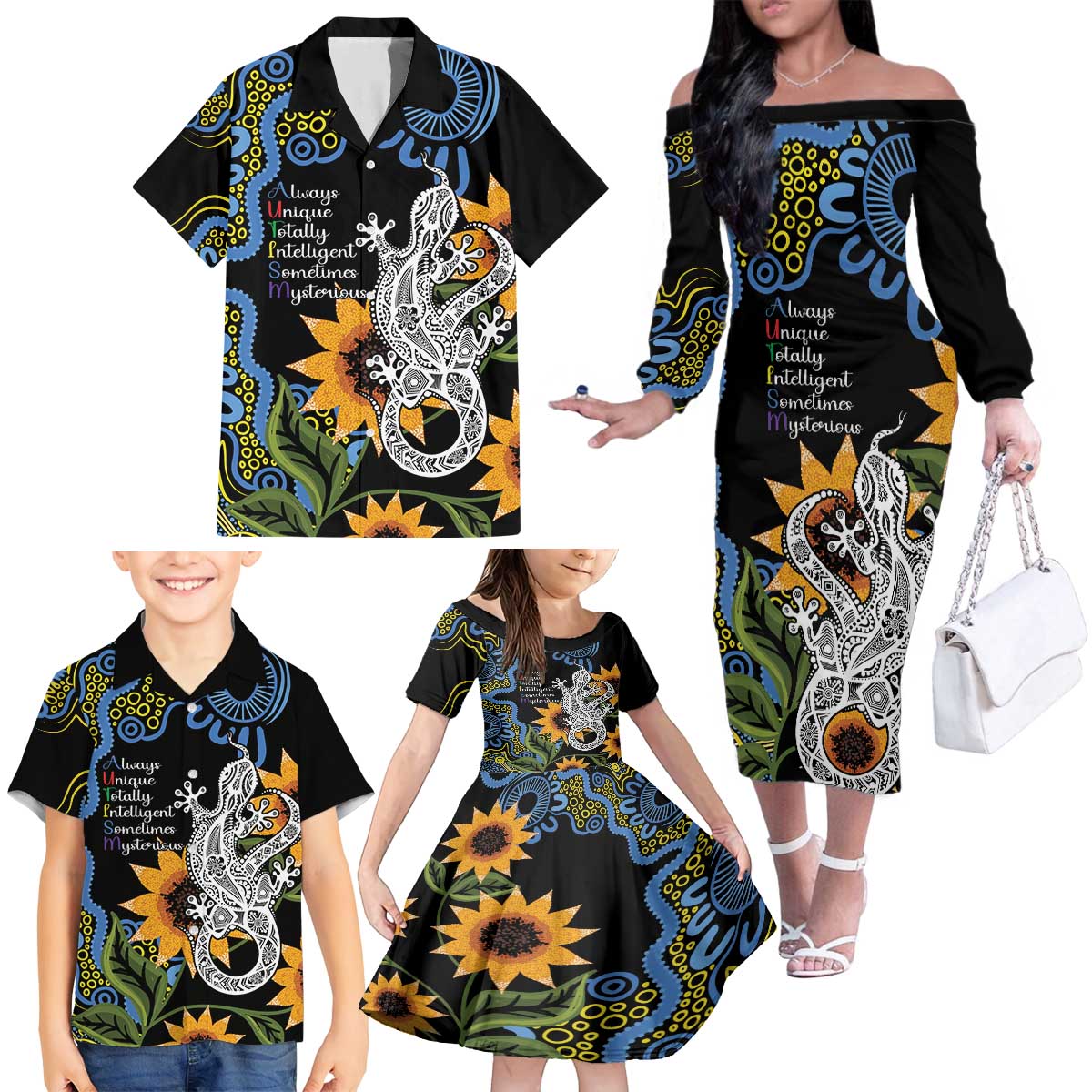 Australia Autism Awareness Family Matching Off The Shoulder Long Sleeve Dress and Hawaiian Shirt Brave Strong Aussie Lizard Aboriginal Art