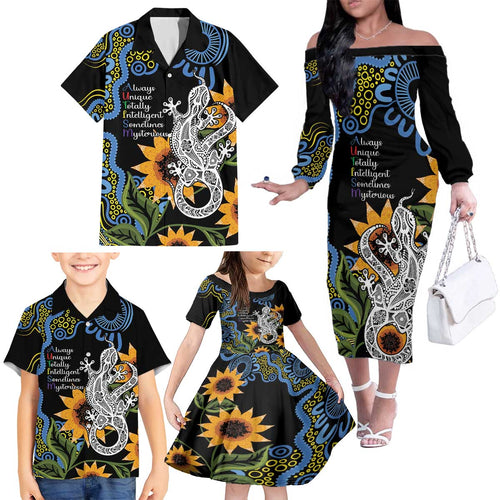Australia Autism Awareness Family Matching Off The Shoulder Long Sleeve Dress and Hawaiian Shirt Brave Strong Aussie Lizard Aboriginal Art