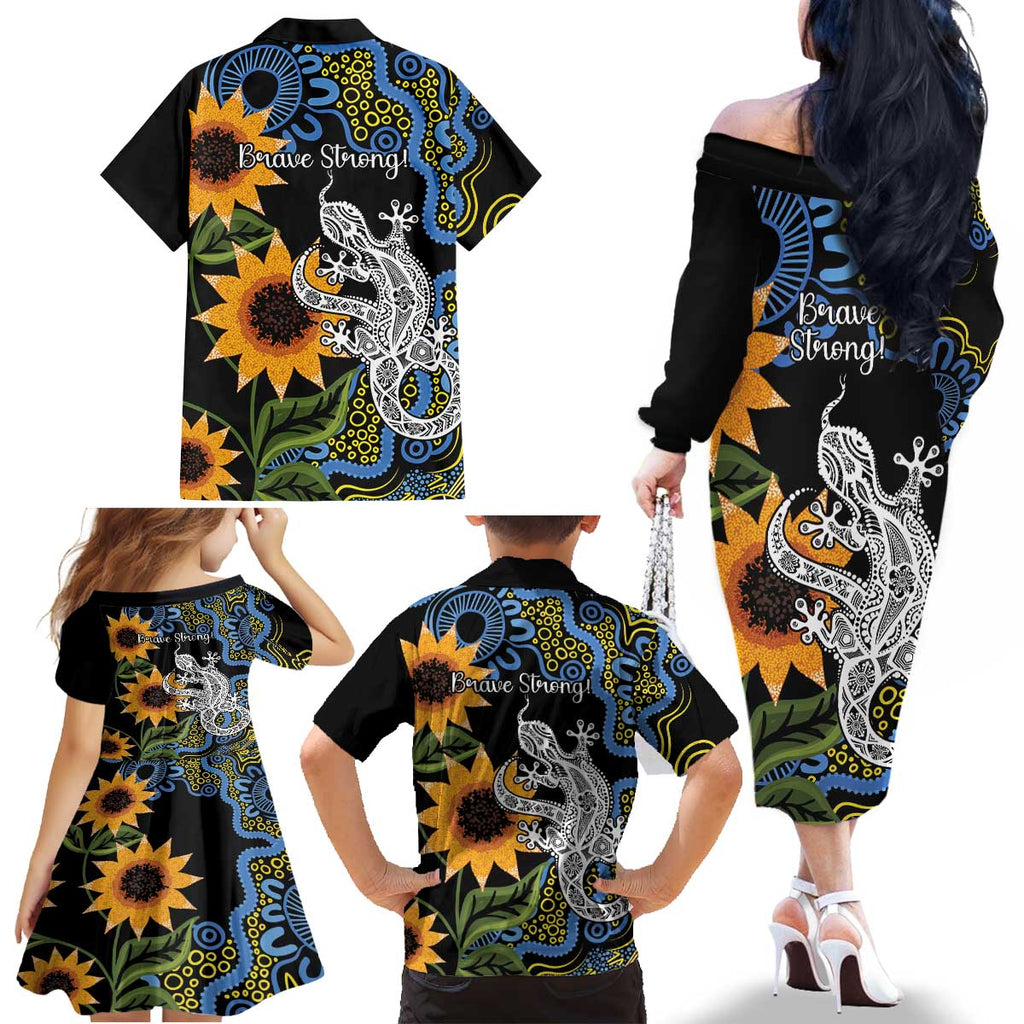 Australia Autism Awareness Family Matching Off The Shoulder Long Sleeve Dress and Hawaiian Shirt Brave Strong Aussie Lizard Aboriginal Art