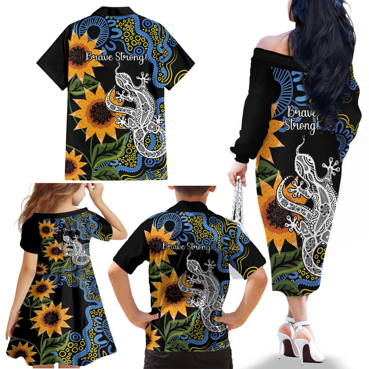 Australia Autism Awareness Family Matching Off The Shoulder Long Sleeve Dress and Hawaiian Shirt Brave Strong Aussie Lizard Aboriginal Art