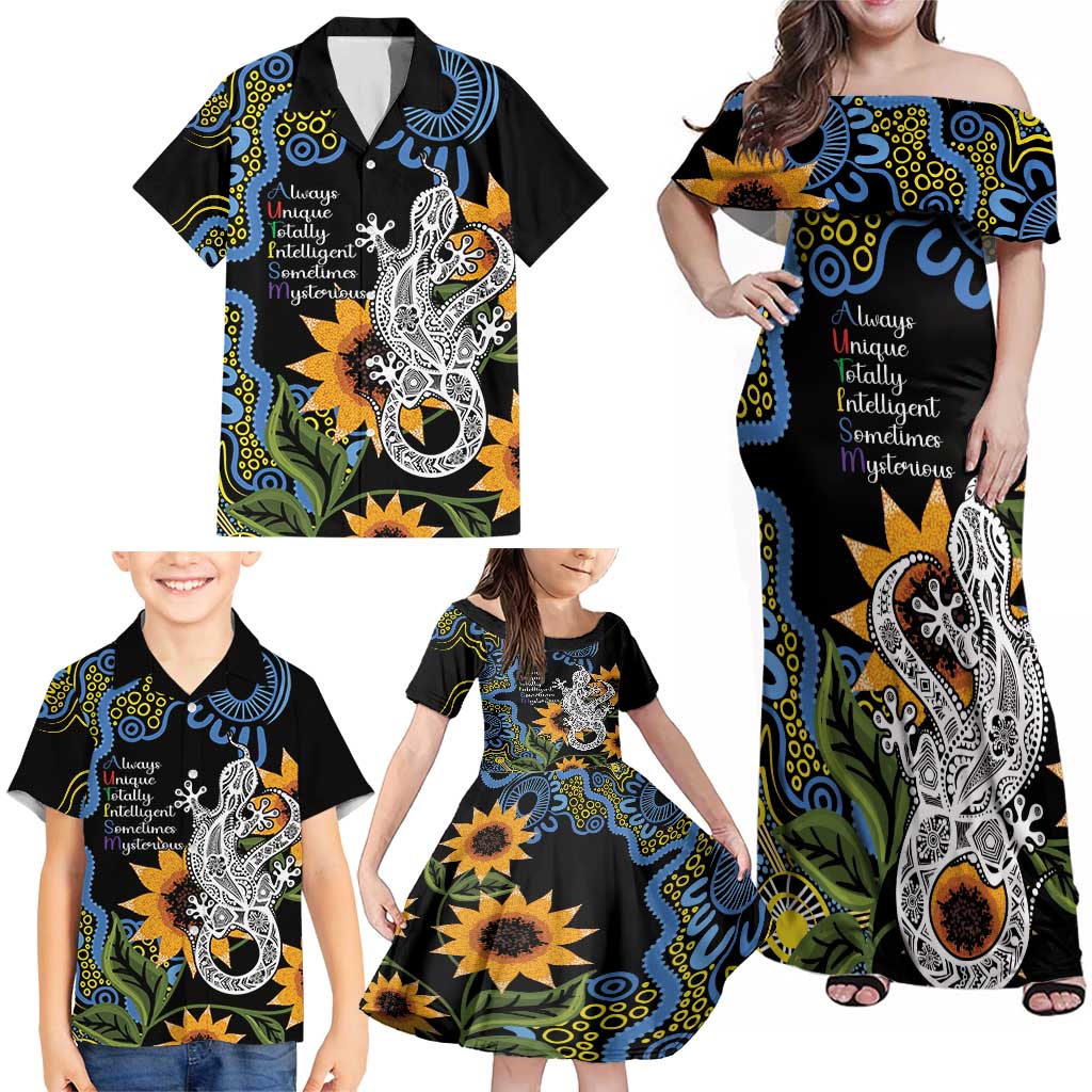 Australia Autism Awareness Family Matching Off Shoulder Maxi Dress and Hawaiian Shirt Brave Strong Aussie Lizard Aboriginal Art