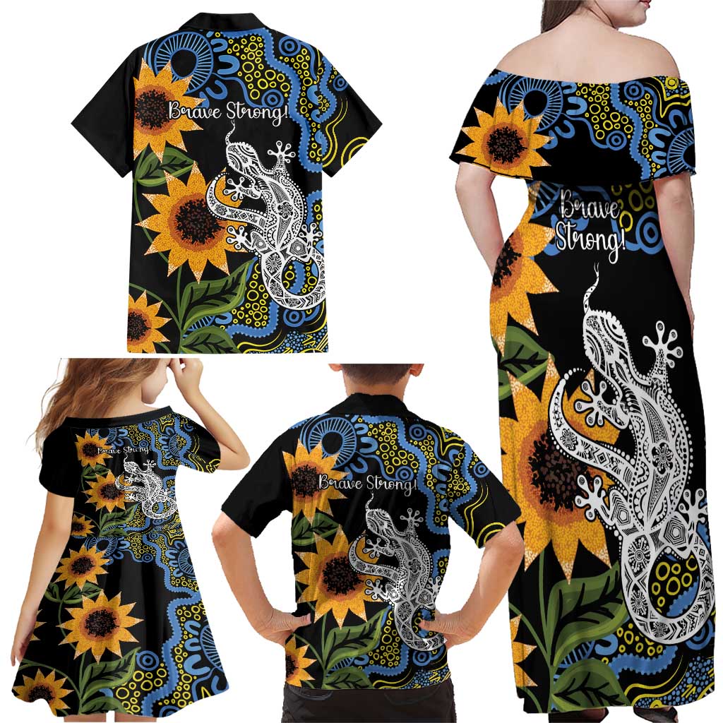 Australia Autism Awareness Family Matching Off Shoulder Maxi Dress and Hawaiian Shirt Brave Strong Aussie Lizard Aboriginal Art
