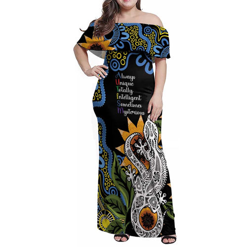Australia Autism Awareness Family Matching Off Shoulder Maxi Dress and Hawaiian Shirt Brave Strong Aussie Lizard Aboriginal Art